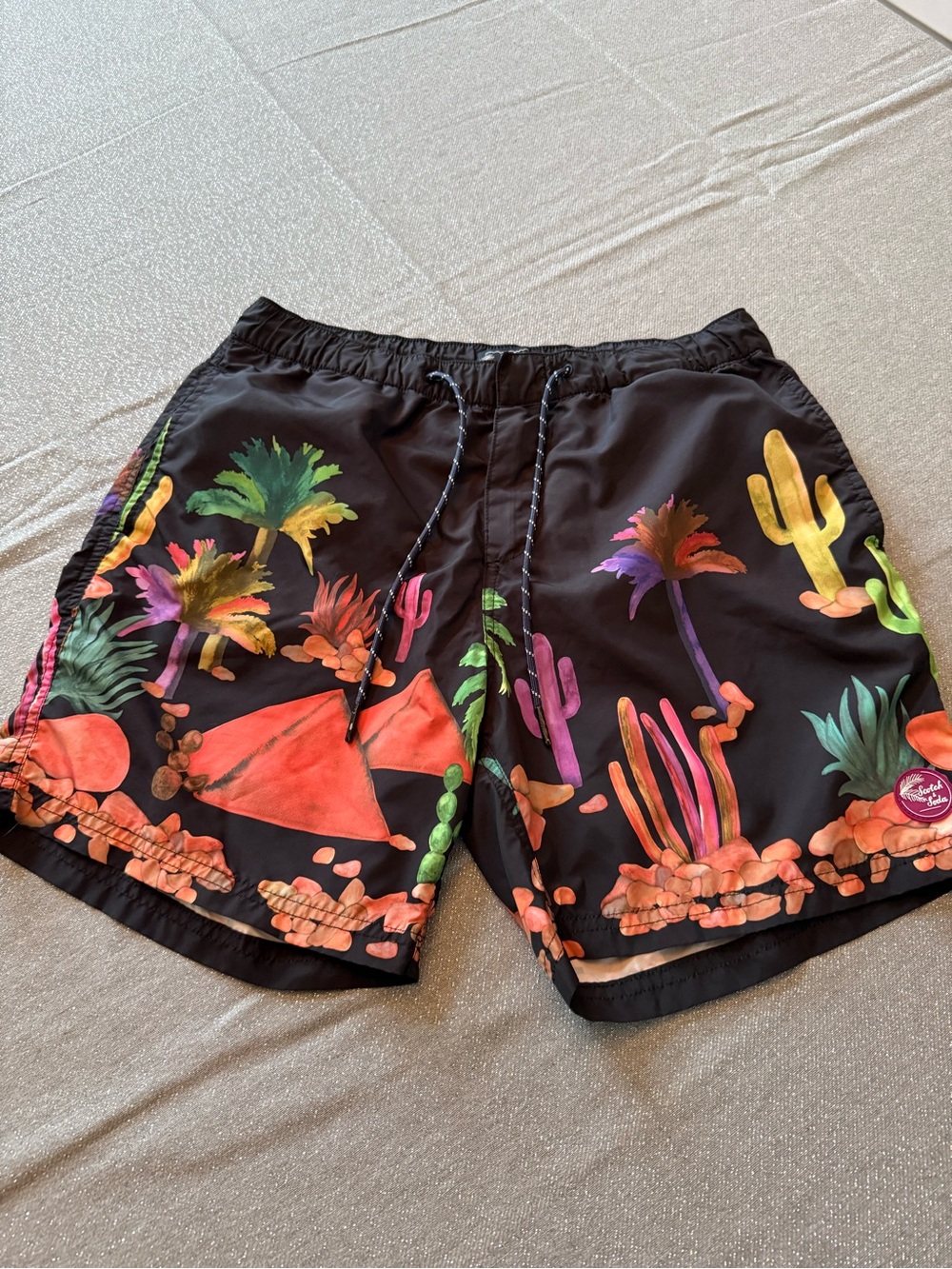 Men's Black Tropical Cactus Swim Trunks - Multicolor Print